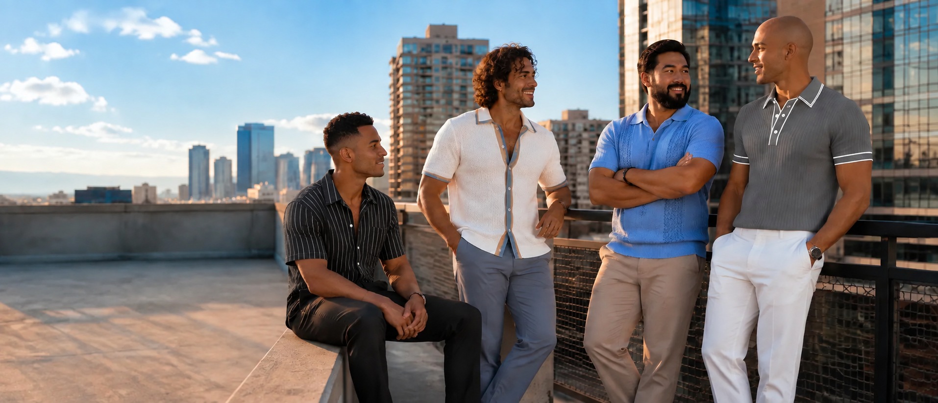 Four men on a city rooftop at golden hour, each in a different outfit built from the same ten pieces