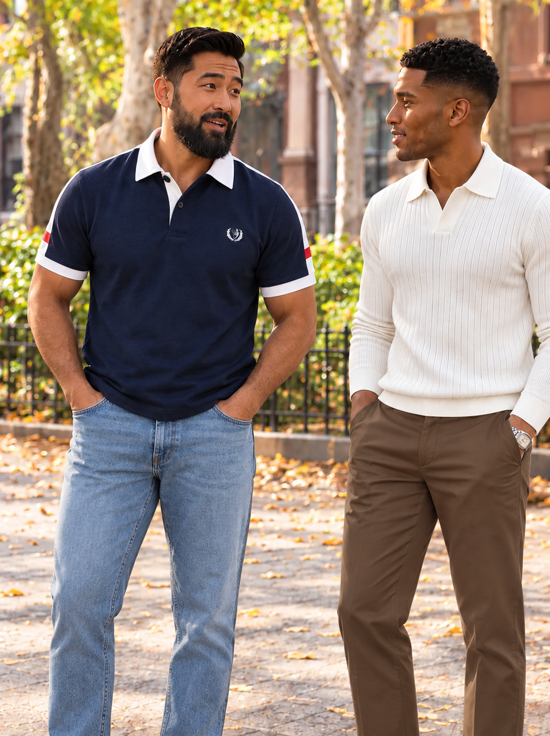 Two men on an autumn street, layered in an overshirt and a cardigan