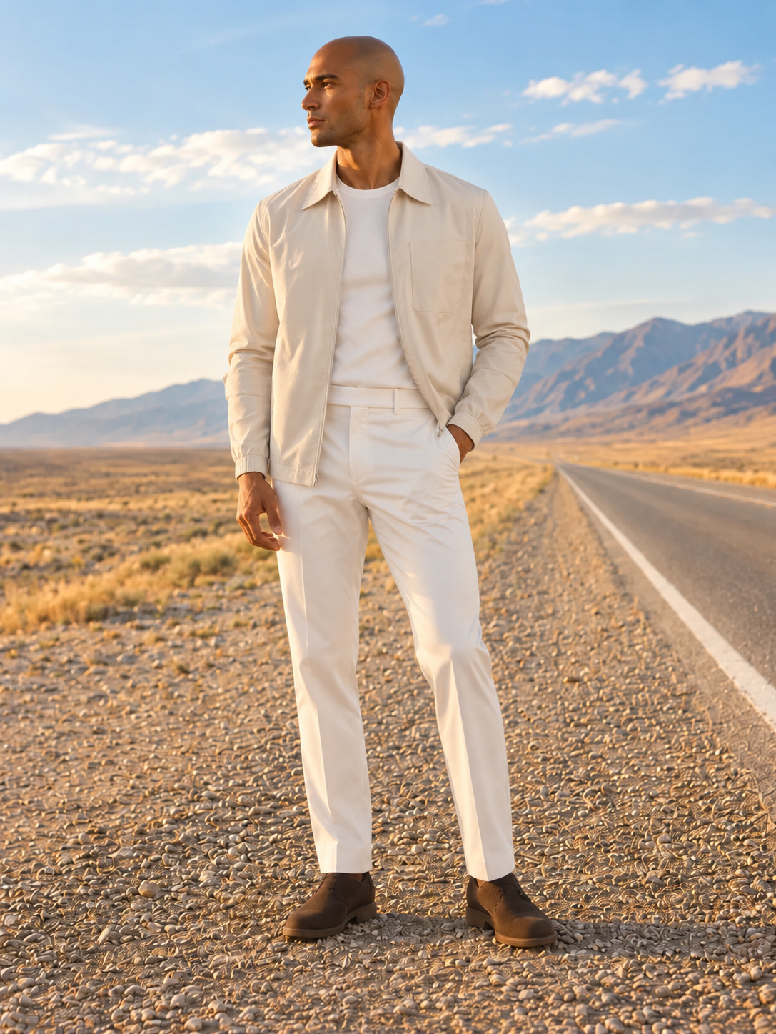 One man on a desert road in an overshirt and trousers